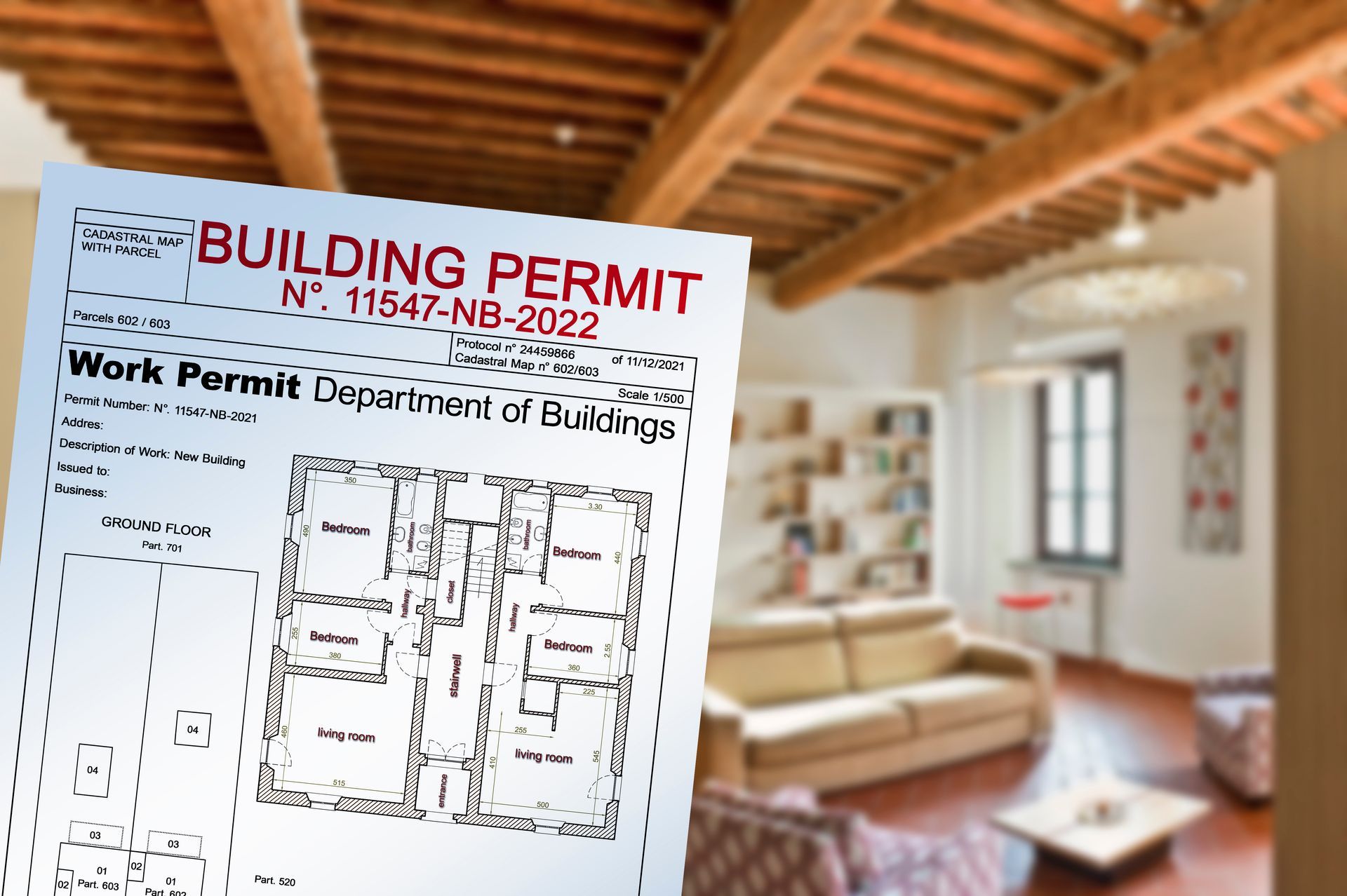 A building permit document with a floor plan overlaying an out-of-focus image of a living room with wooden ceiling beams.