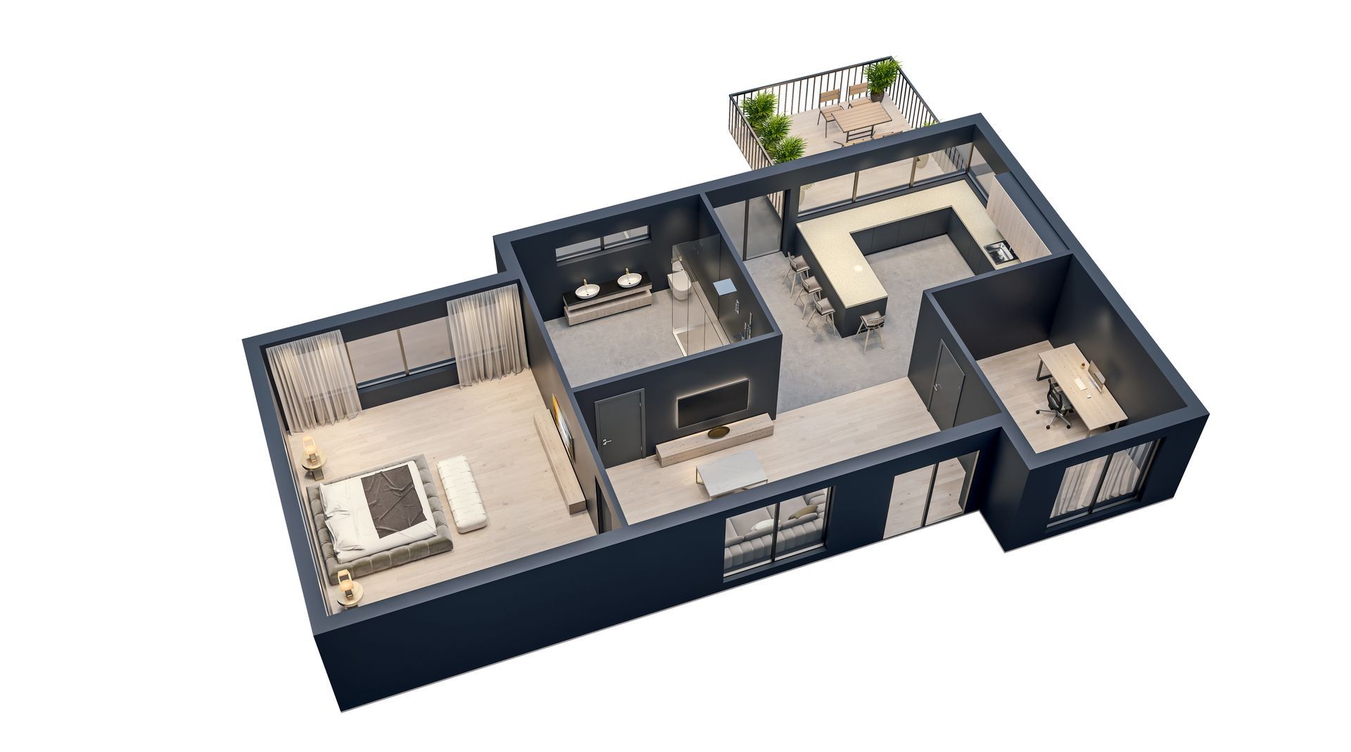 A 3D floor plan showing a furnished apartment with a bedroom, living area, kitchen, balcony, and office space.