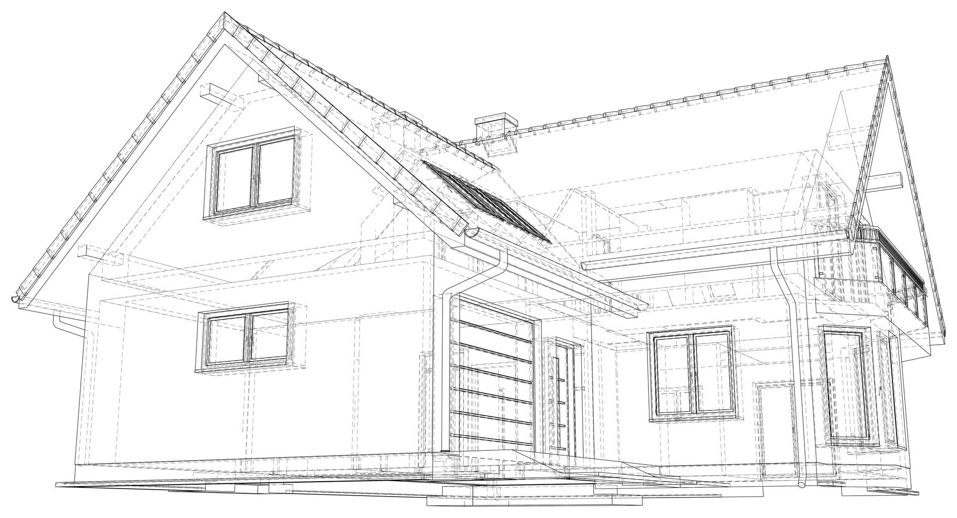 A black and white architectural line drawing of a two-story residential house with a garage and a gabled roof.