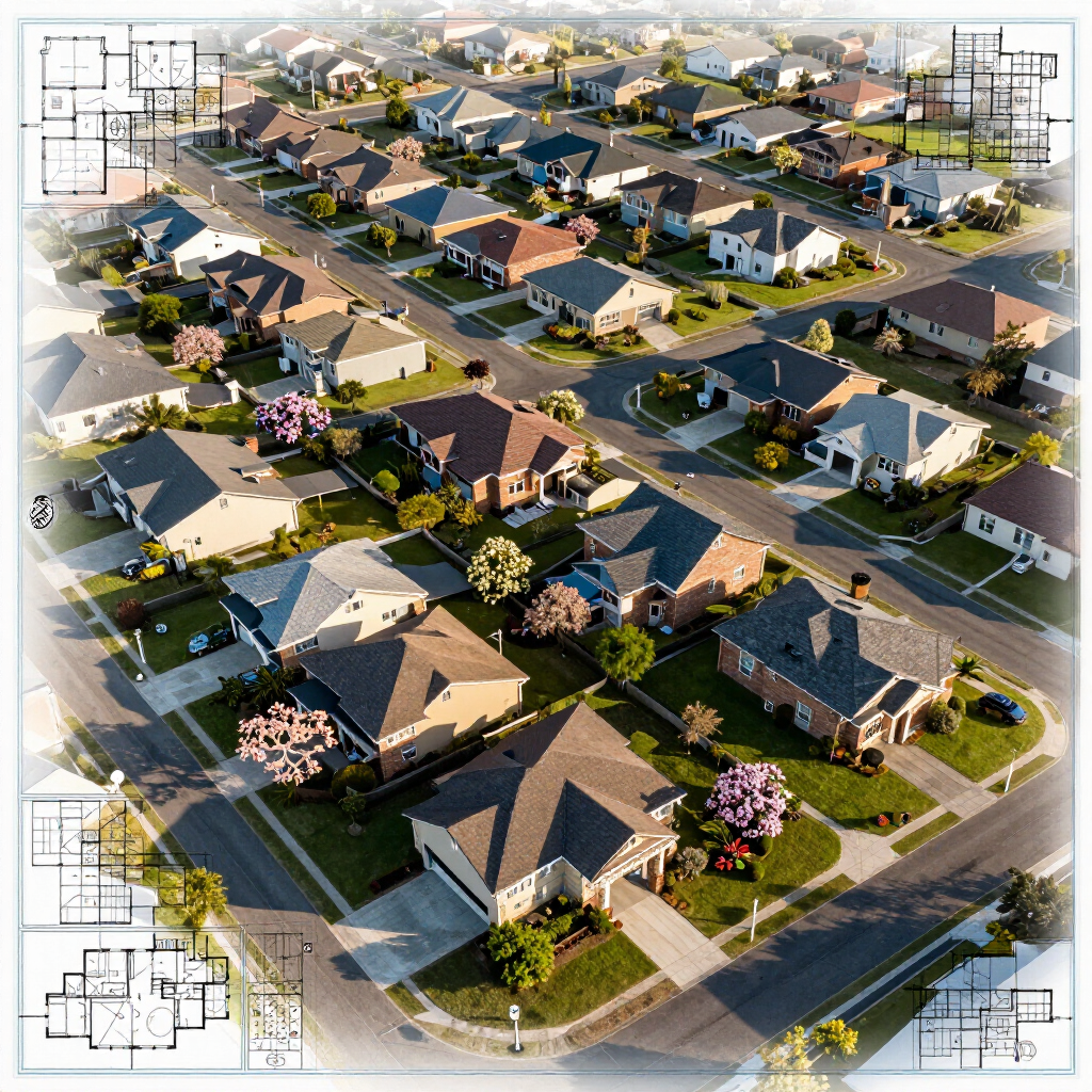 Aerial view of a suburban neighborhood with houses, streets, and trees, framed by architectural floor plan diagrams.