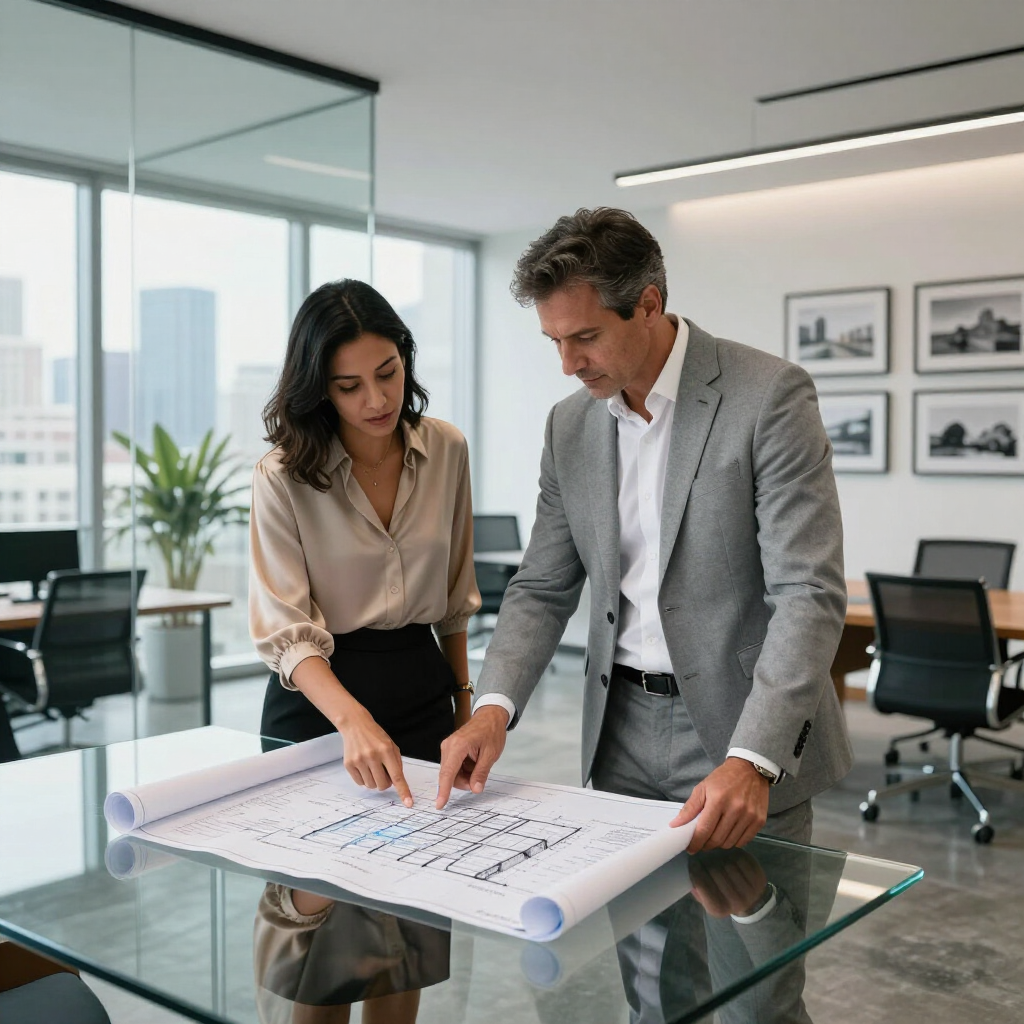 Two colleagues in a modern office discuss a large architectural blueprint spread out on a glass table.
