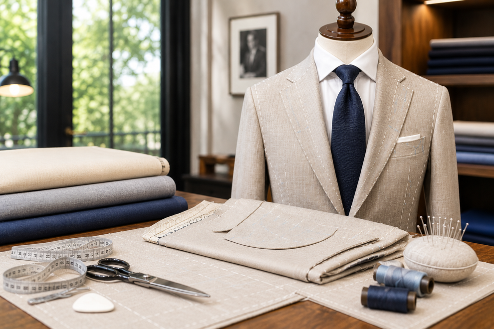 Giacca, camicia, cravatta e campioni di tessuto su un tavolo da lavoro nell'atelier di un sarto.