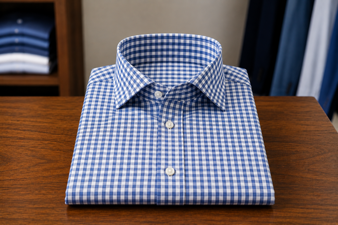 Camicia a quadretti blu e bianchi piegata su un tavolo di legno.