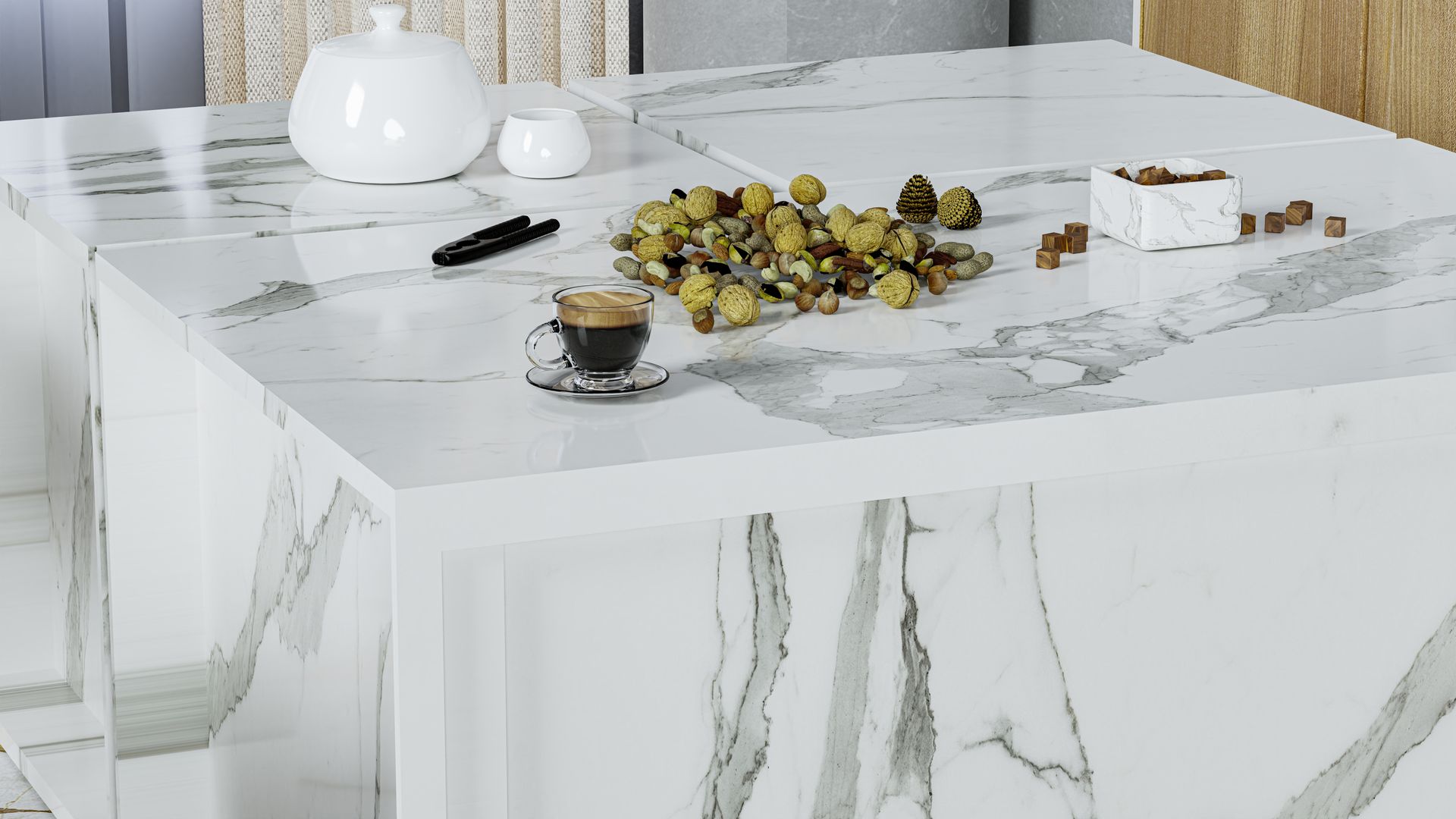 White marble table with a vase, coffee cup, pen, and scattered grapes in a bright room