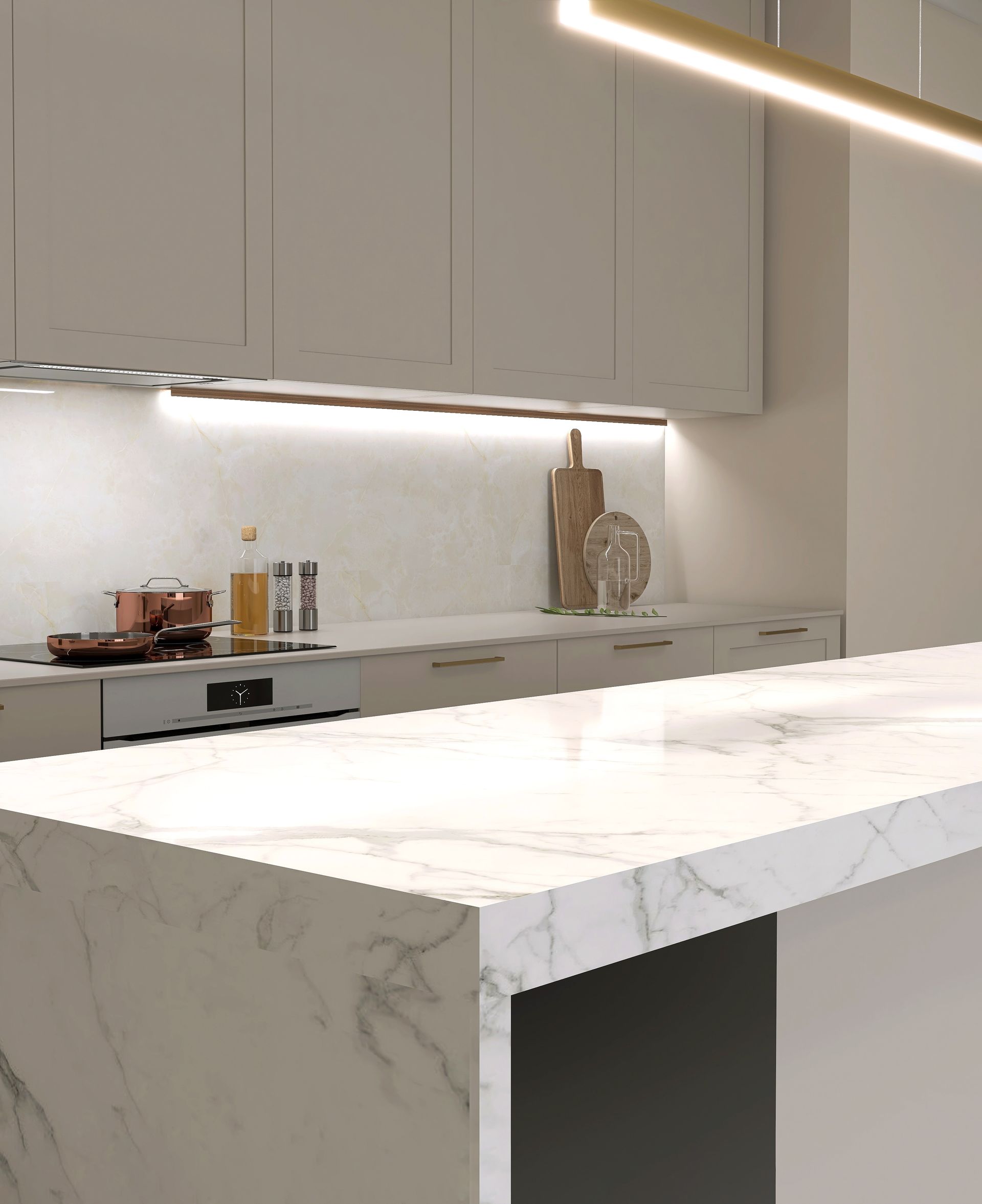 Modern white kitchen with marble island, built-in cabinets, and under-cabinet lighting