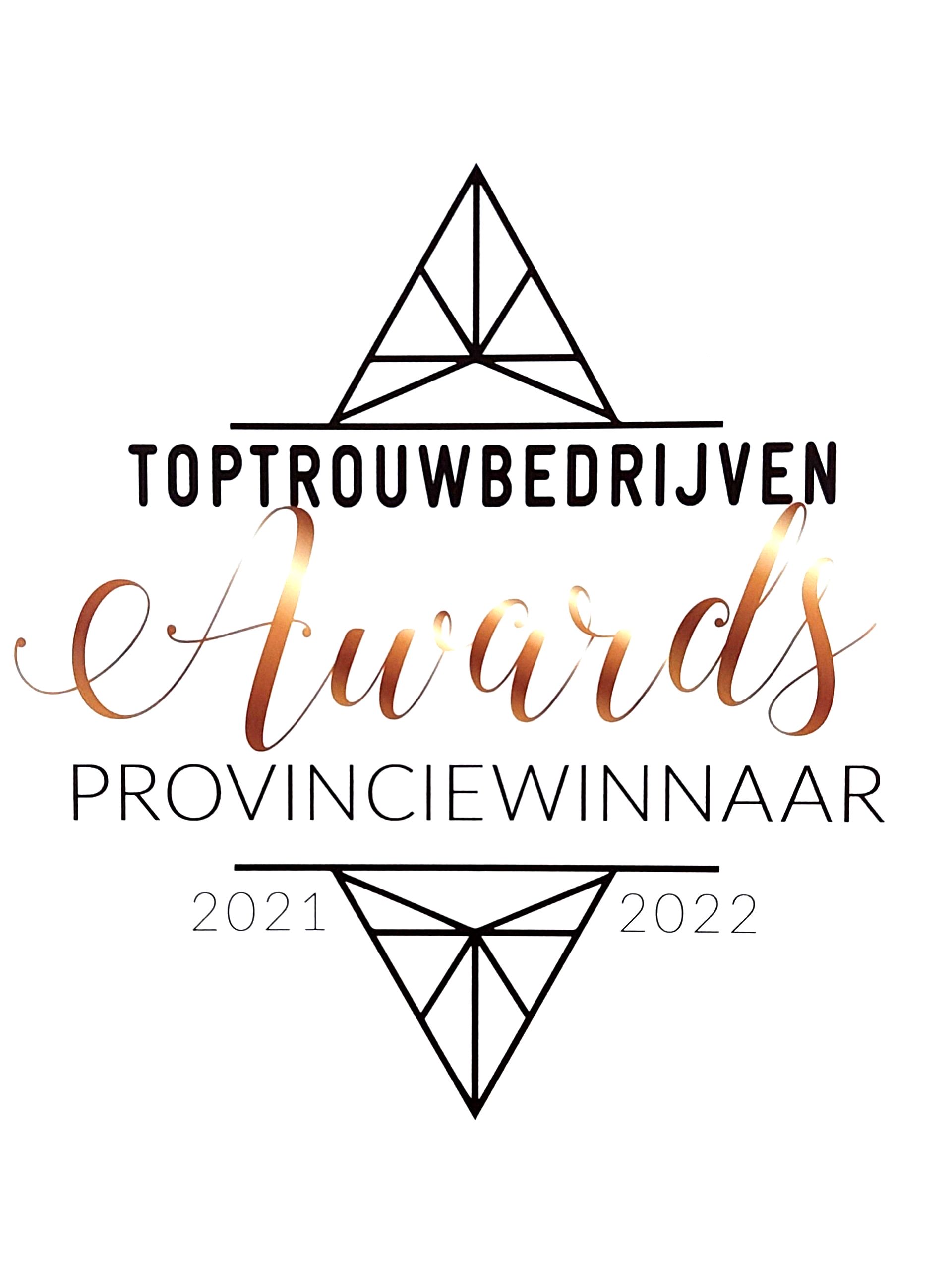 Toptrouwbedrijf Award als Provinciewinaar in de categorie Beauty, bruidsstyling en eventstyling