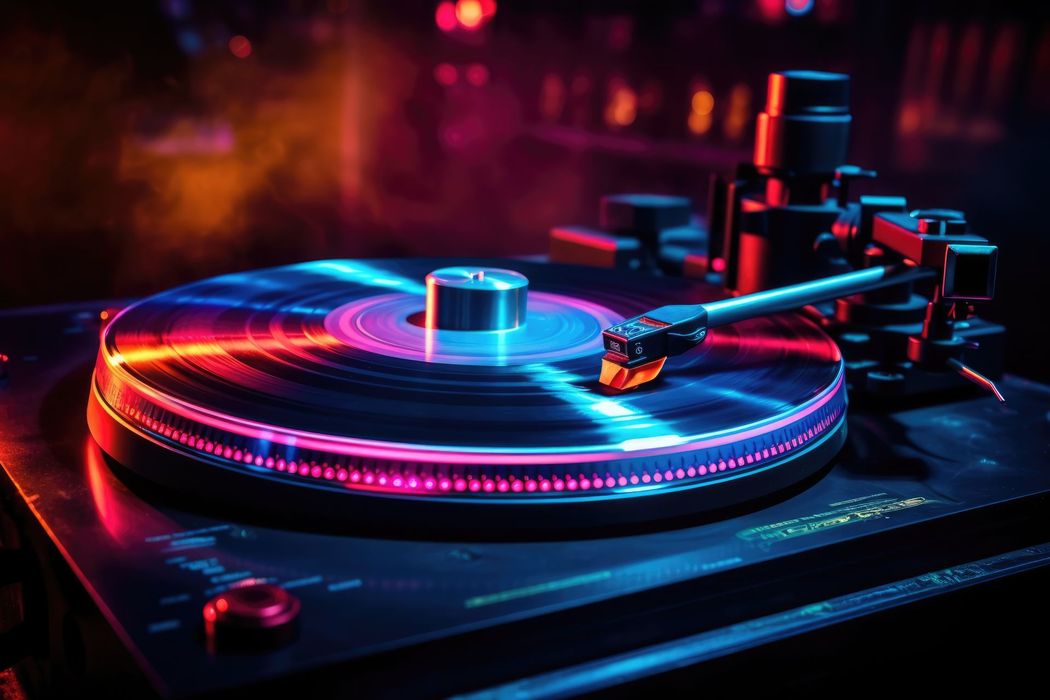 Giradischi da DJ illuminato al neon con vinile e braccio luminosi in un ambiente buio da club.