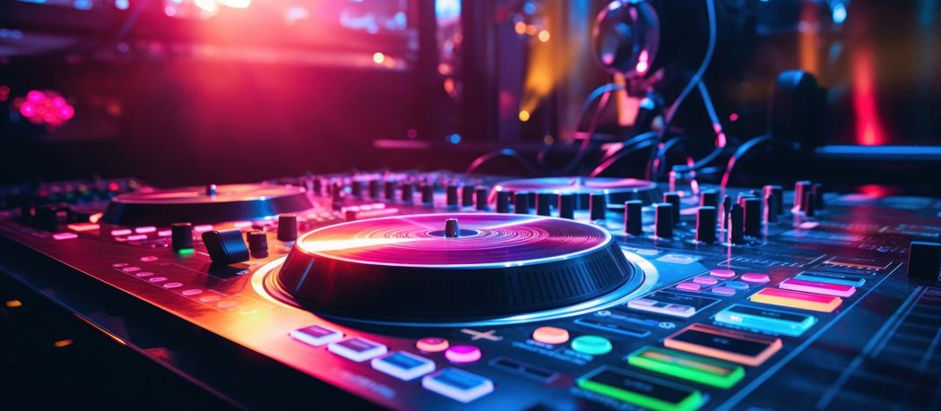 Mixer da DJ colorato con pulsanti illuminati e giradischi luminoso sotto luci al neon.