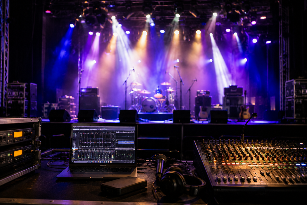 Palco da concerto vuoto illuminato di viola e oro, con mixer e computer portatile in primo piano.