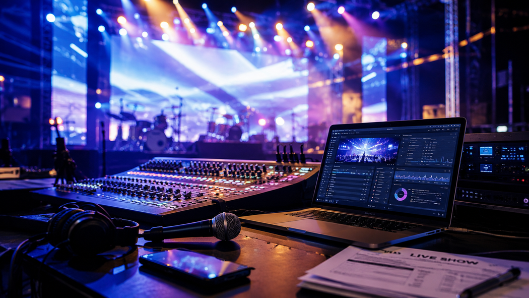 Cabina di controllo luci con mixer, computer portatili e documenti, affacciata su un palco da concerto illuminato a giorno.