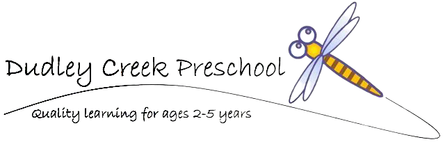 A logo for dudley creek preschool with a dragonfly on it