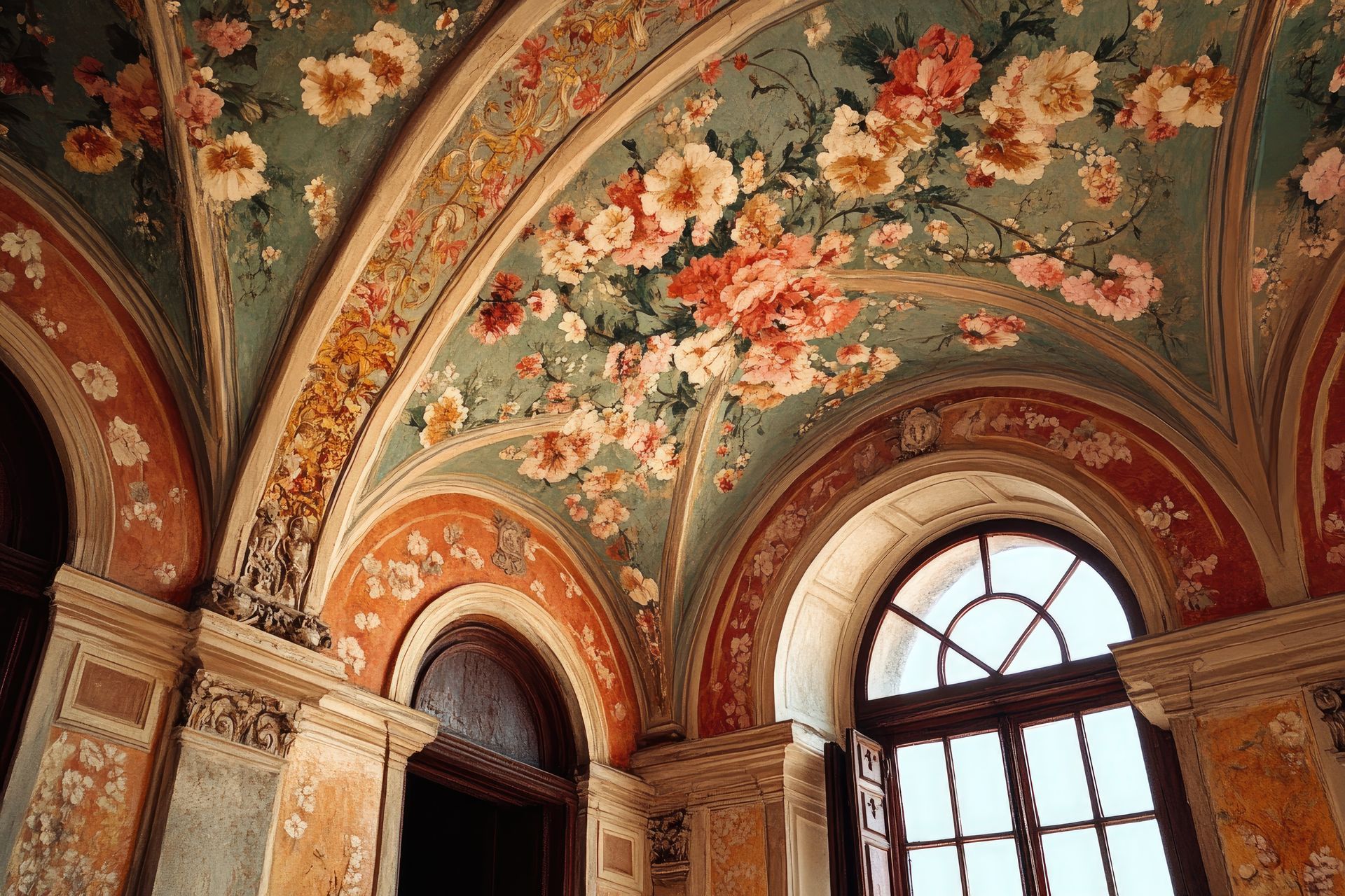 Floral painted ceiling with arched windows; pink, orange, and teal hues.