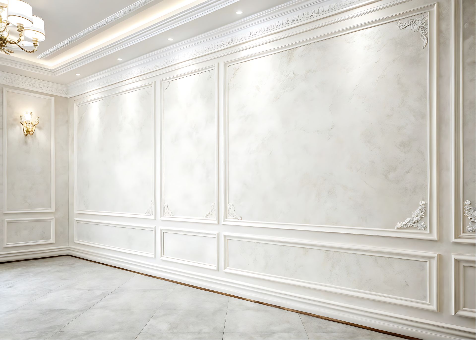Elegant white room with ornate molding, sconces, and marble floor.