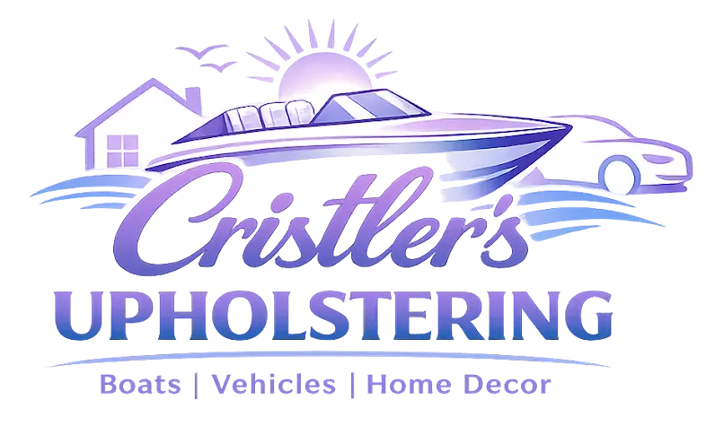 Logo for Cristler's Upholstery: boat, car, house, and text 
