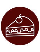 Slice of cake with cherry on top, white outline on a dark red circle.