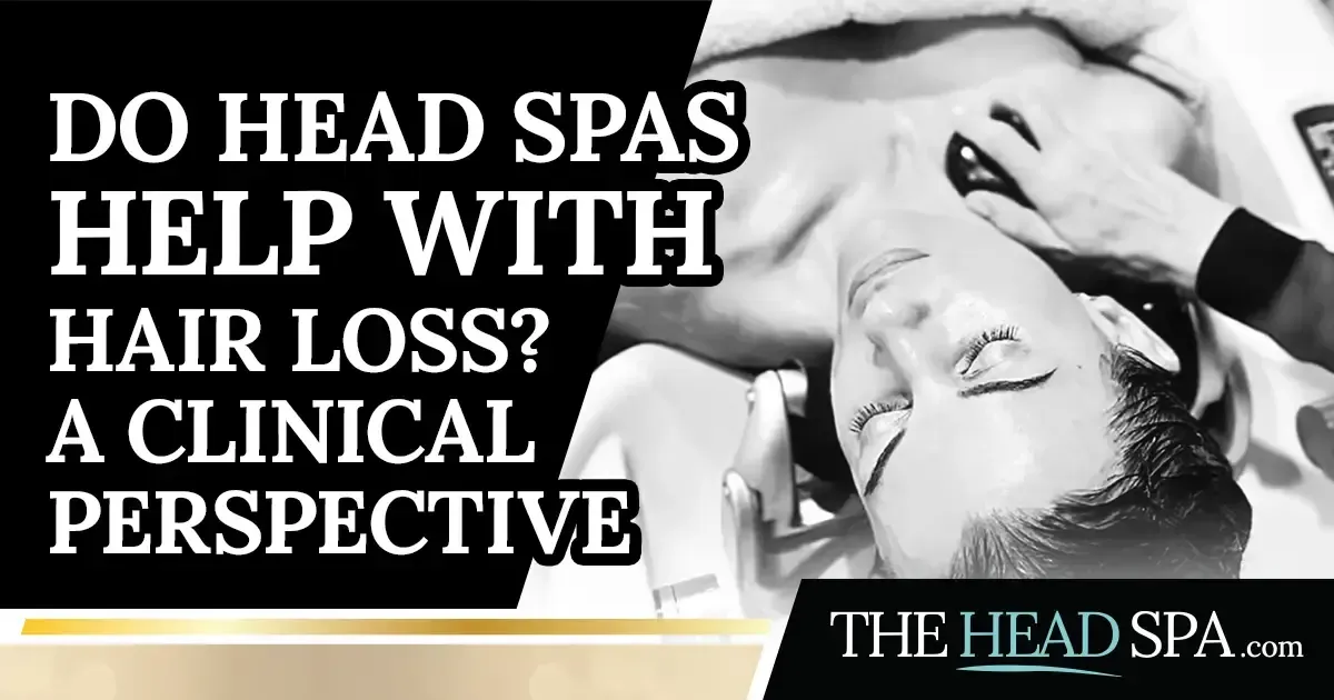 Woman lying back with eyes closed receiving a scalp massage during a head spa treatment