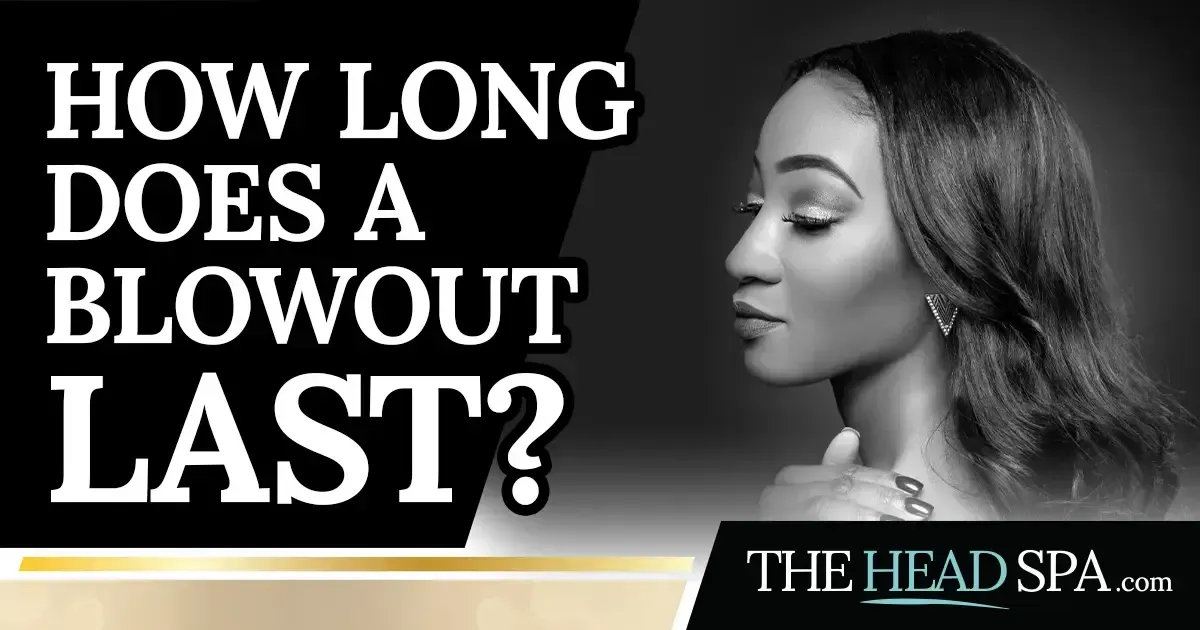 Woman with a smooth, voluminous blowout hairstyle viewed in profile next to the text 