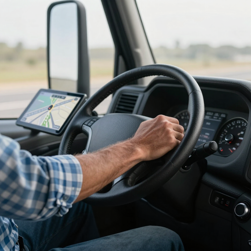 Förarens händer på ratten med GPS-navigationsdisplay i en fordonshytt