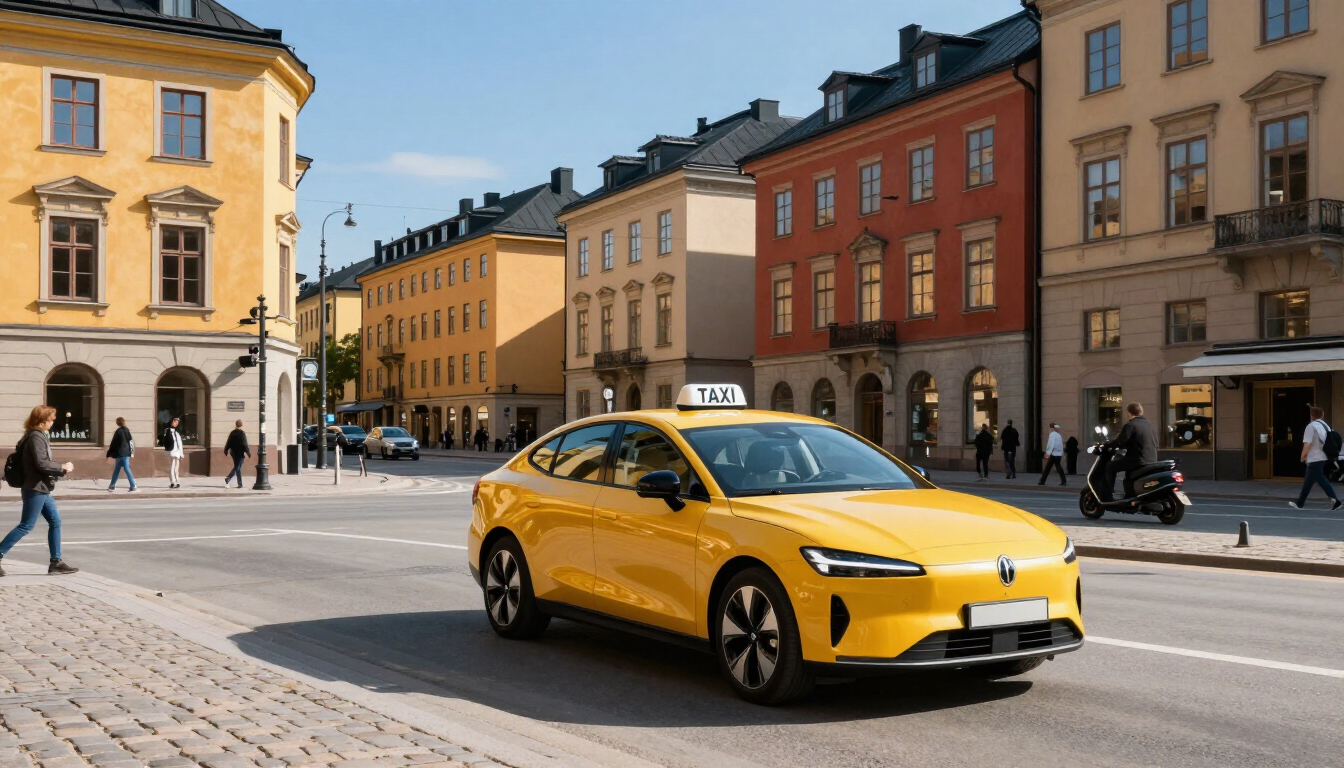 Gul bil som kör genom ett soligt torg med färgglada byggnader och fotgängare