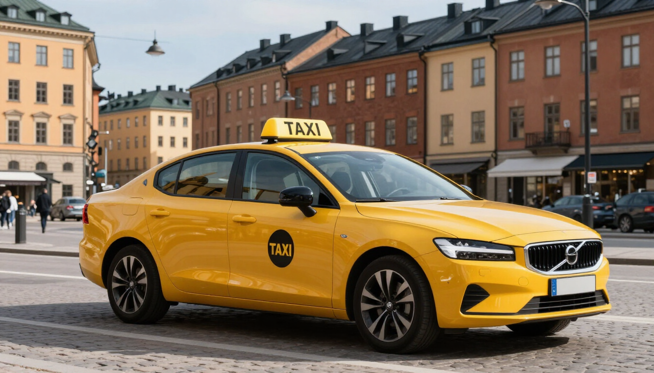 Gul taxibil parkerad på en kullerstensgata på ett europeiskt torg