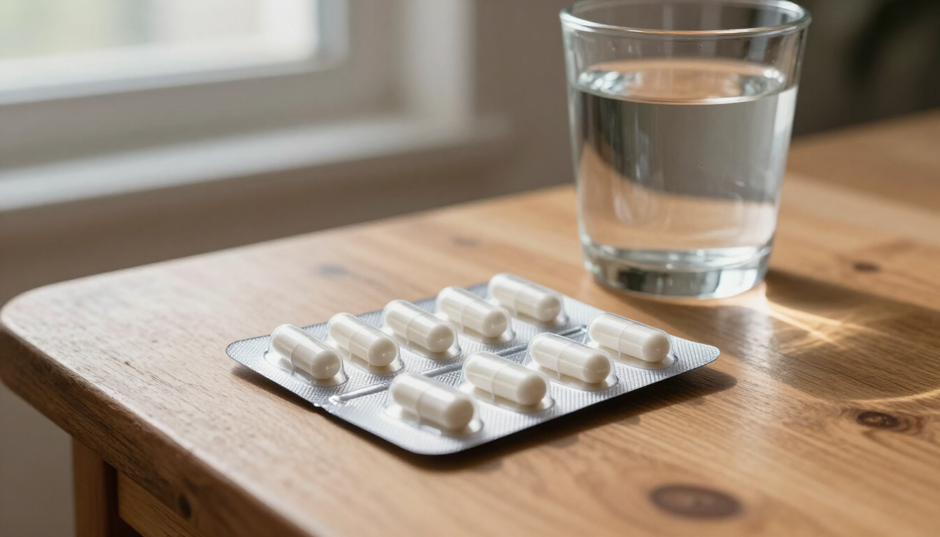 Läkemedel och glas vatten på ett bord