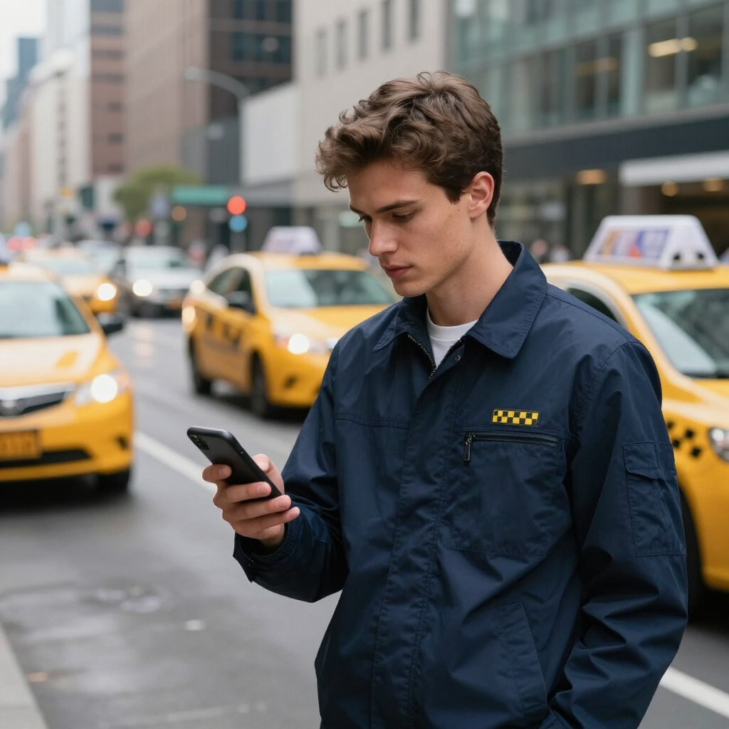 Man tittar på en telefon på en stadsgata med gula taxibilar i bakgrunden