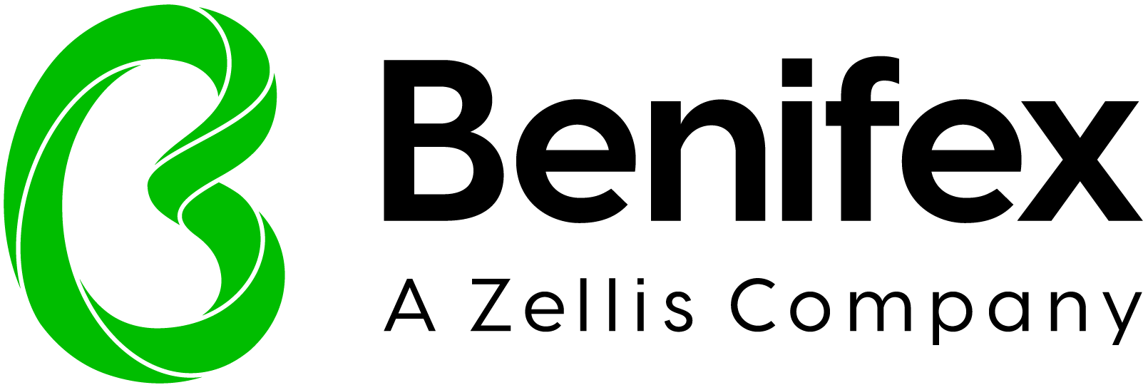 Benifex-logotyp med grön abstrakt ikon och svart text, 