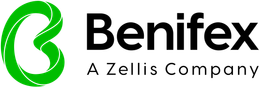 Benifex-logotyp med grön abstrakt ikon och svart text, 