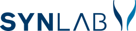 SYNLAB-logotyp i blått med ett stiliserat blått lövmärke på vit bakgrund