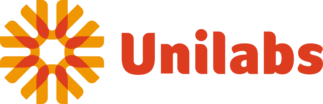 Unilabs-logotyp med orange geometriskt emblem och rött ordmärke på vit bakgrund