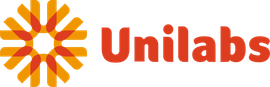 Unilabs-logotyp med orange geometrisk stjärnikon och rött ordmärke