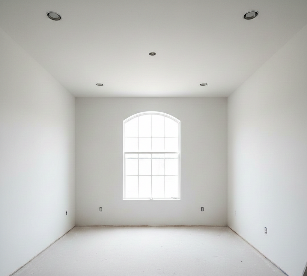 Empty white room with arched window, recessed lighting, and bare walls and floor.