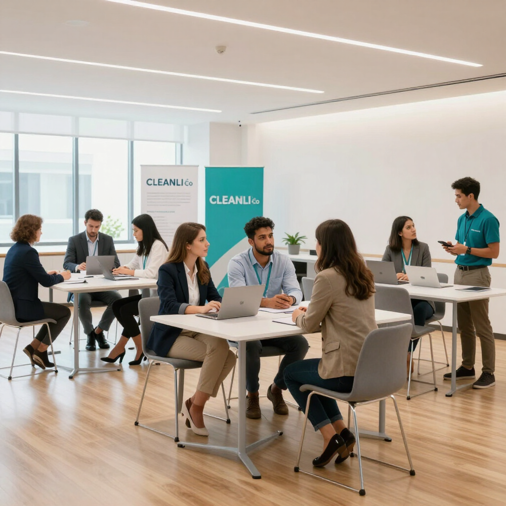 People seated at tables in a bright office meeting room with teal “CLEANLIFE” banners.