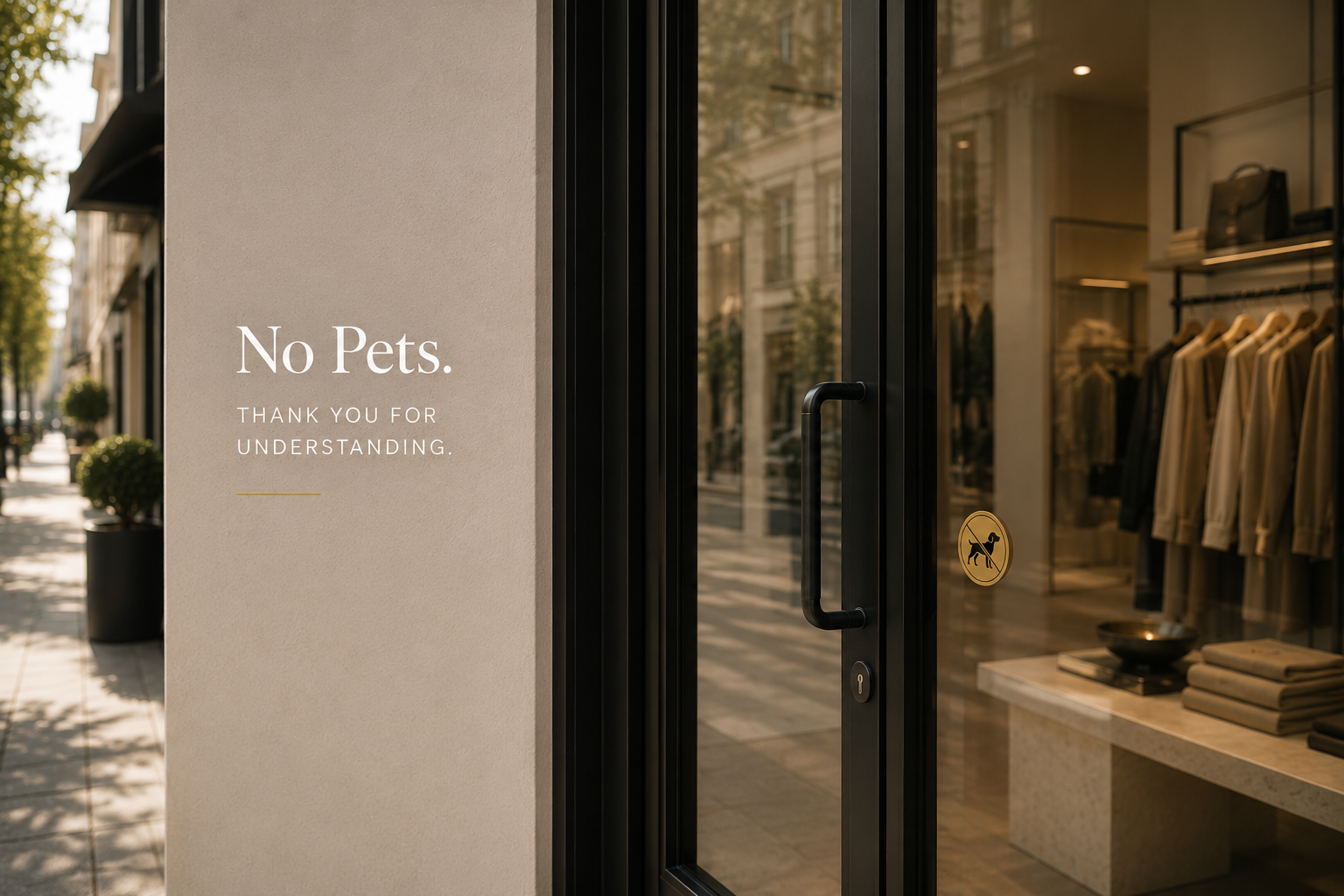 Pet Policy No Pets sign at a luxury boutique entrance indicating that pets are not permitted inside.
