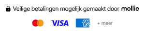 Veilige betalingen mogelijk gemaakt door Mollie, met Mastercard-, Visa- en American Express-logo's.