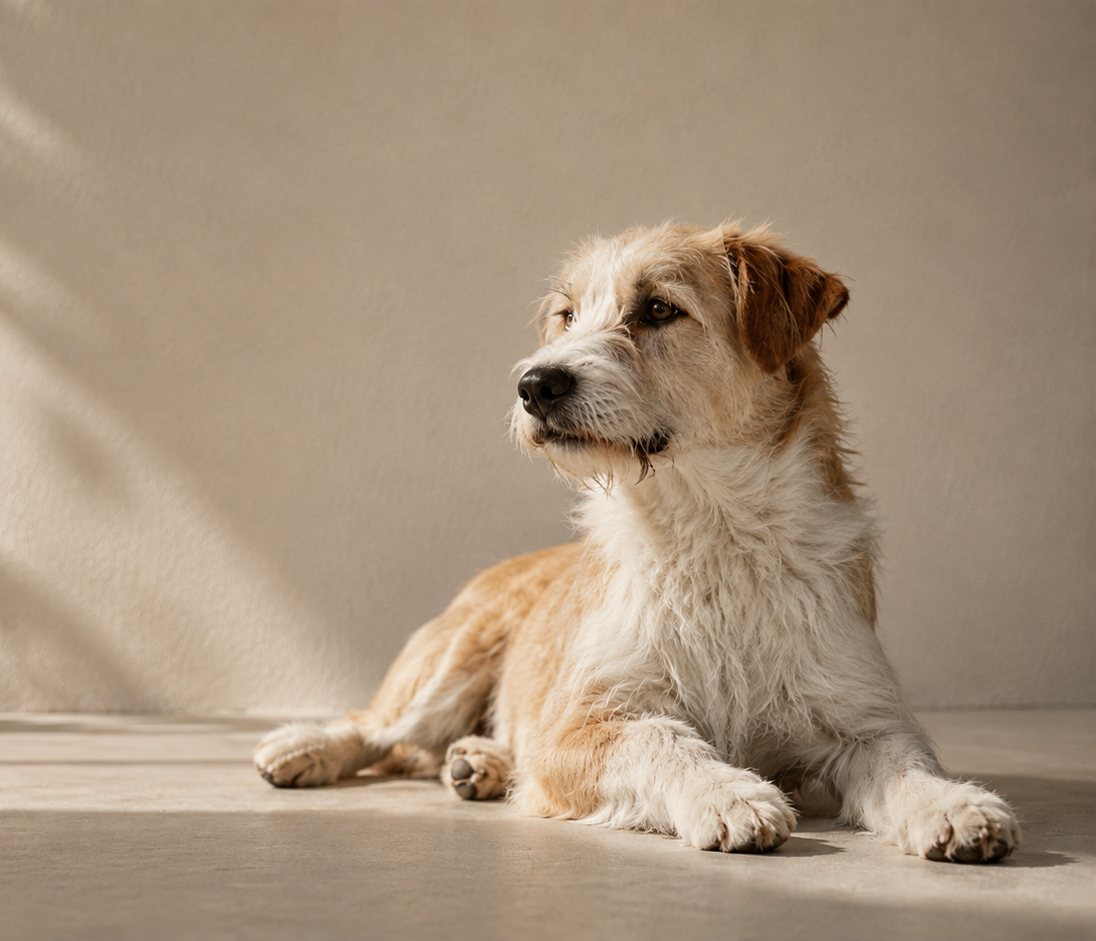 Small tan-and-white dog lying on a sunlit floor, looking to the left against a beige wall.