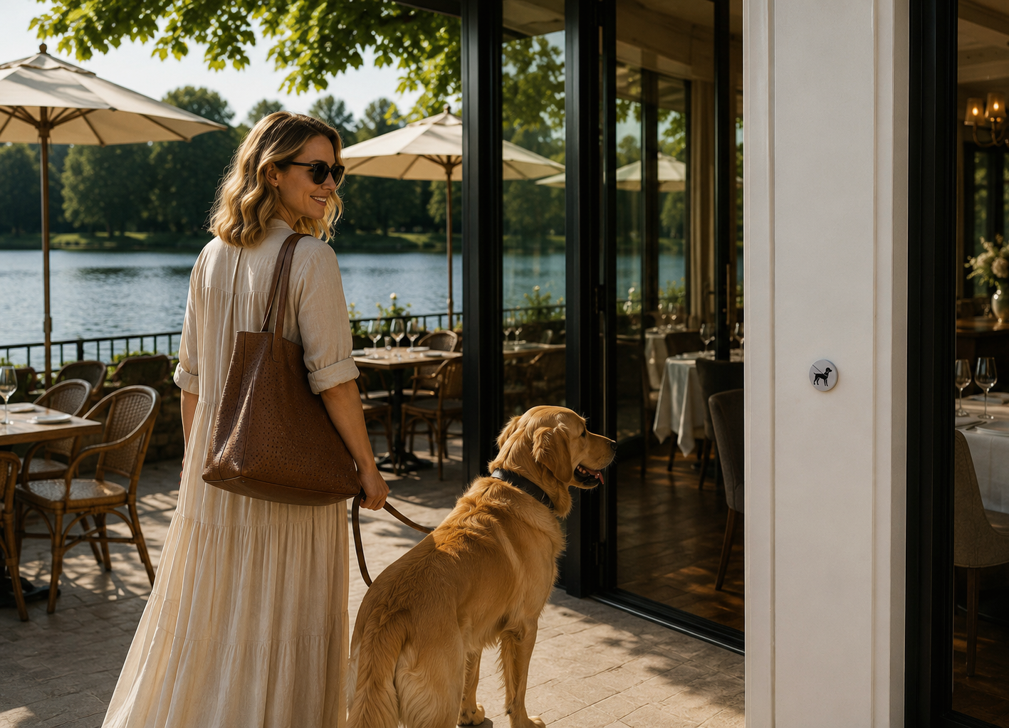 Woman with a dog at a lakeside café patio, looking out through an open doorway