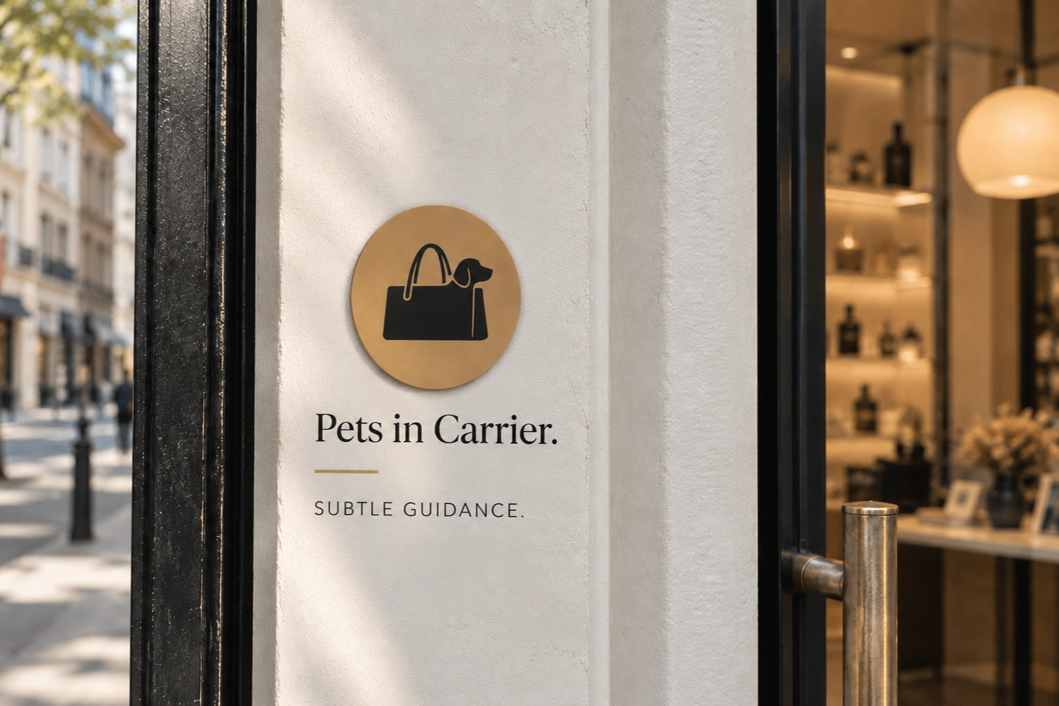 Sign on a shop window: “Pets in Carrier” with a bag icon.