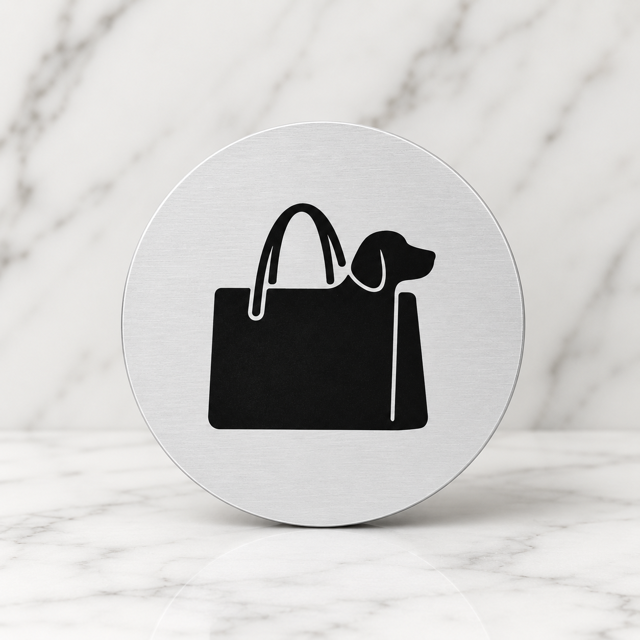 Pet Policy Pets in Carrier sign at a luxury boutique entrance welcoming small pets in a carrier bag.