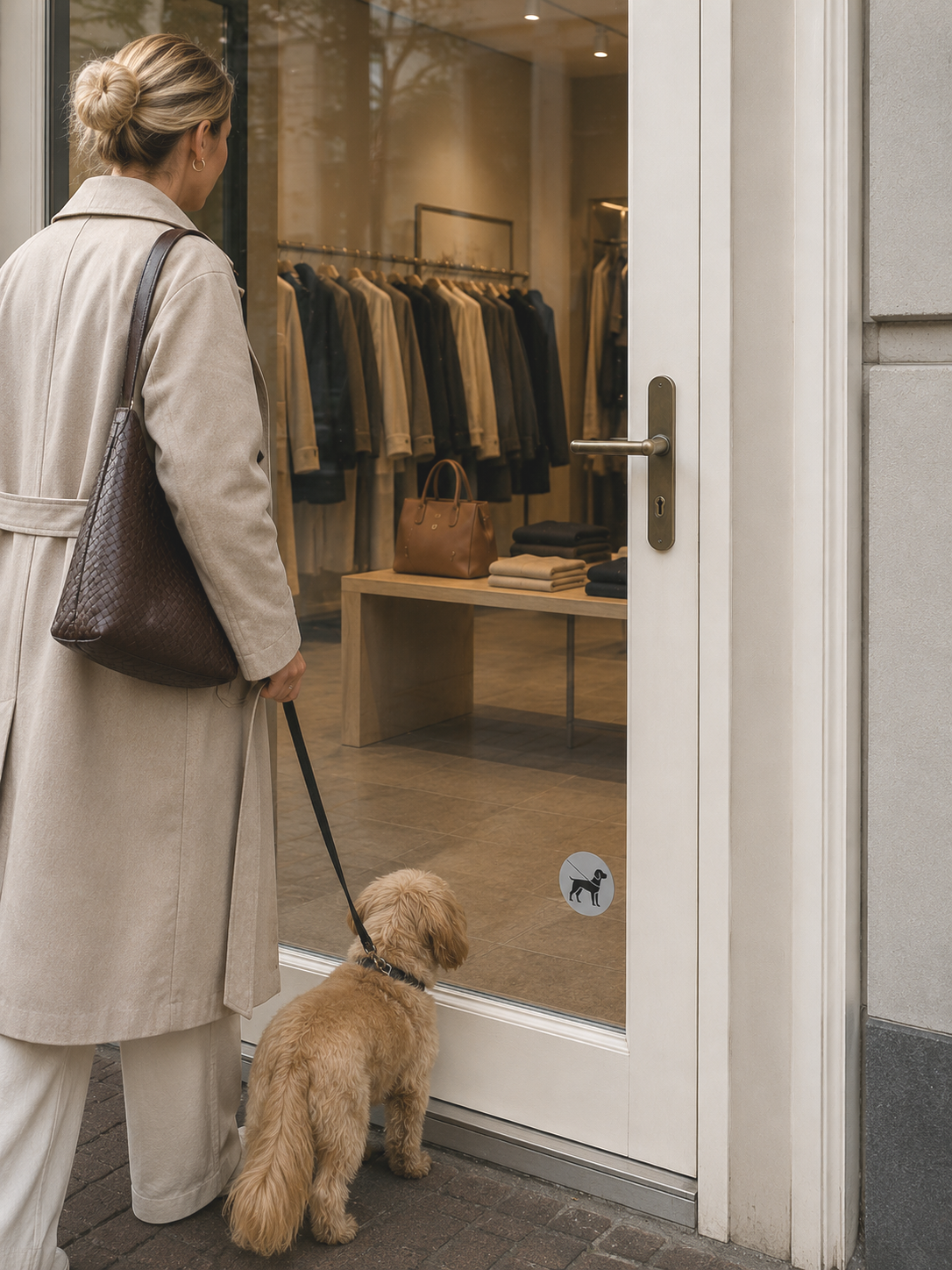 Small dog on leash at a boutique entrance with a Pet Policy sign