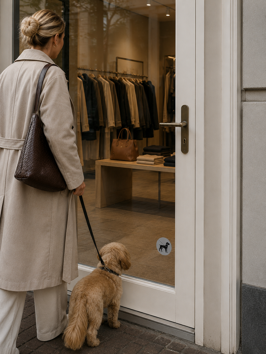 Kleine hond aan de lijn bij de entree van een boutique met Pet Policy bordje