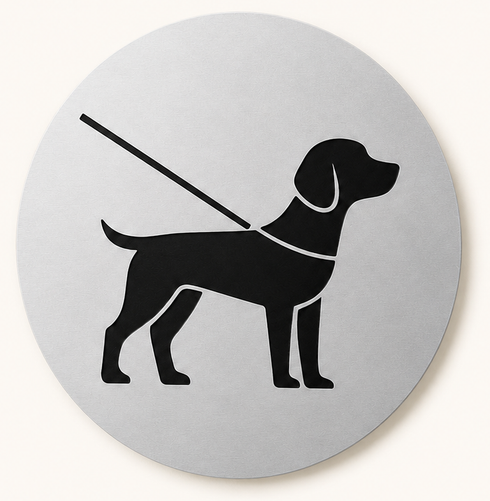 Black dog sign on a light gray circular background with a diagonal leash line.
