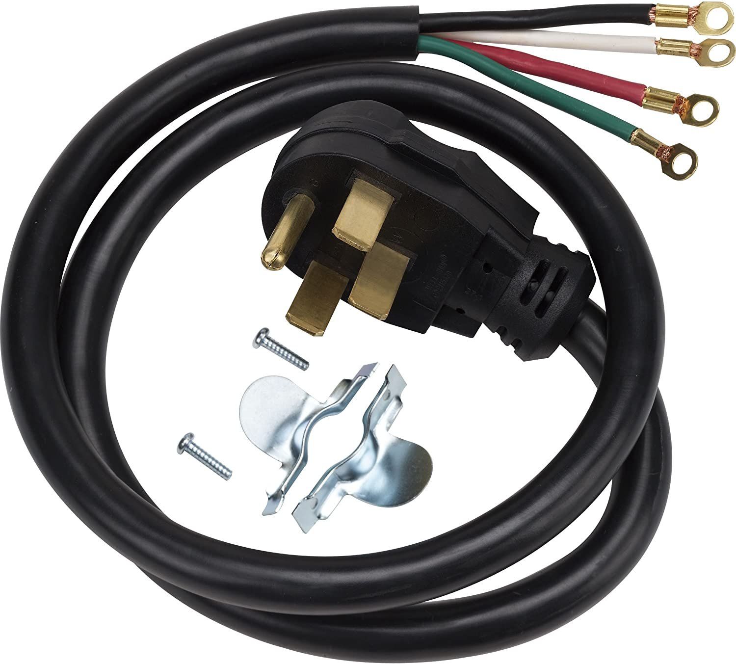Black power cord with UK plug, four exposed wire ends, and metal strain-relief clips.