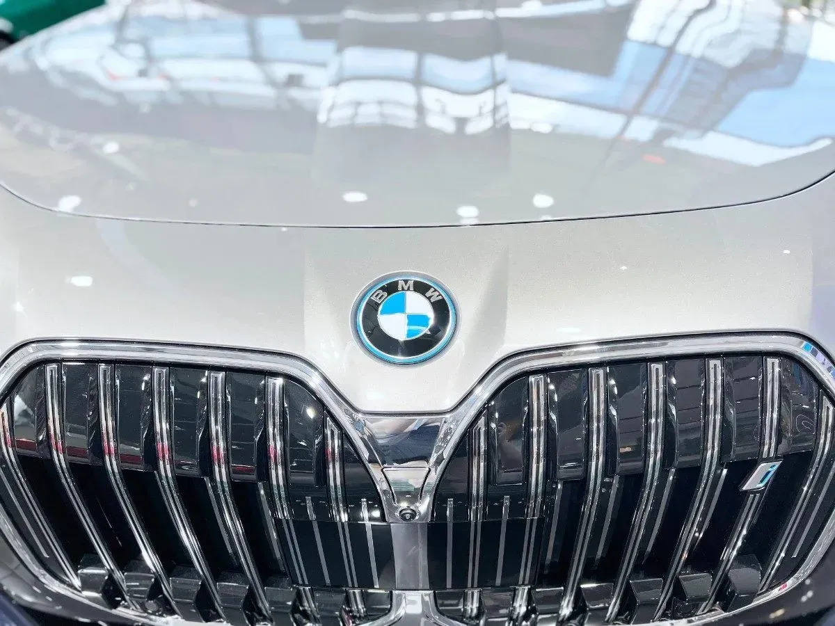 Close-up of a BMW hood and chrome grille with the roundel emblem on a light gray car