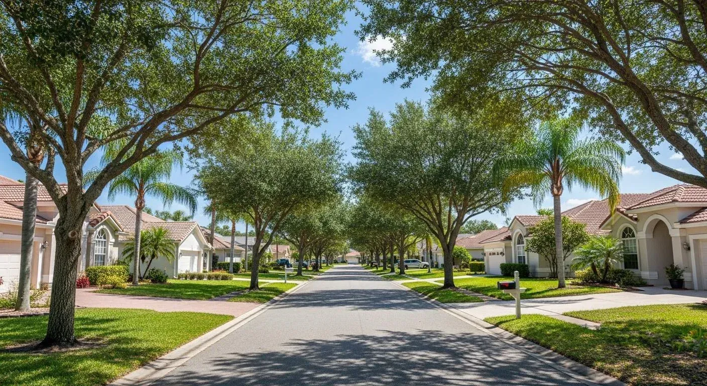 Tree-lined suburban street with houses and sidewalks under a bright blue sky