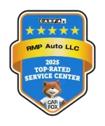 CARFAX badge for RMP Auto LLC, 2025 Top-Rated Service Center, with blue and gold shield and Car Fox mascot