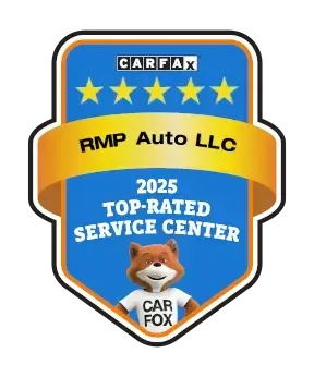 CARFAX badge for RMP Auto LLC, 2025 Top-Rated Service Center, blue and gold shield with Car Fox mascot