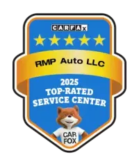 CARFAX 2025 Top-Rated Service Center badge for RMP Auto LLC with blue, gold, and Car Fox mascot