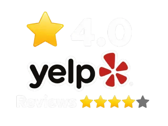 Yelp logo with star icons and a 4.0 rating