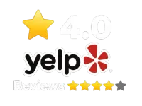 Yelp logo with star icons and a 4.0 rating